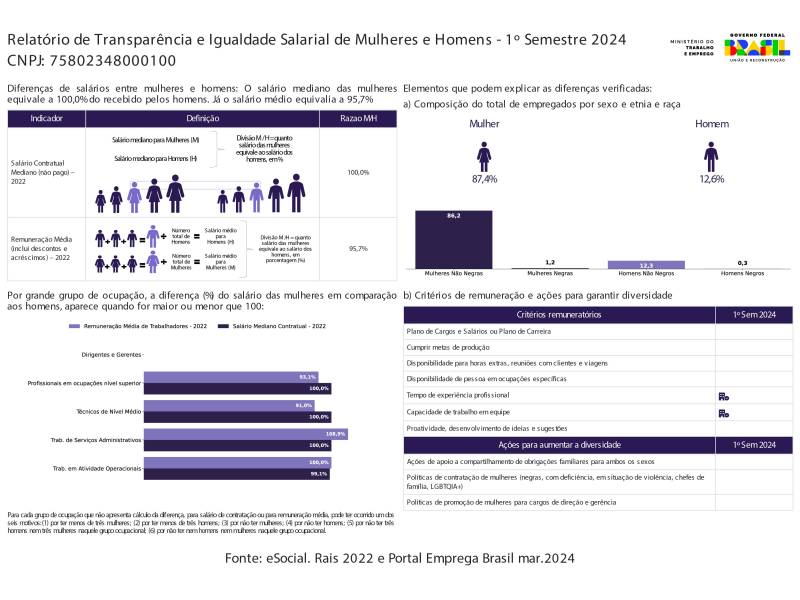 Relatório de Transparência e Igualdade Salarial de Mulheres e Homens – 1º Semestre de 2024.